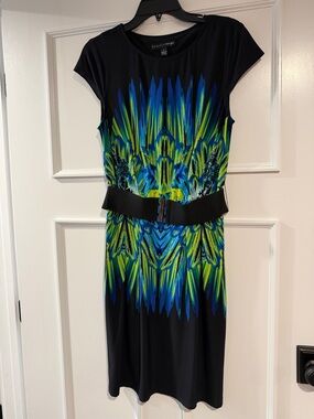Sleeveless Blue & Green Printed Sheath Dress with Black Waist Belt